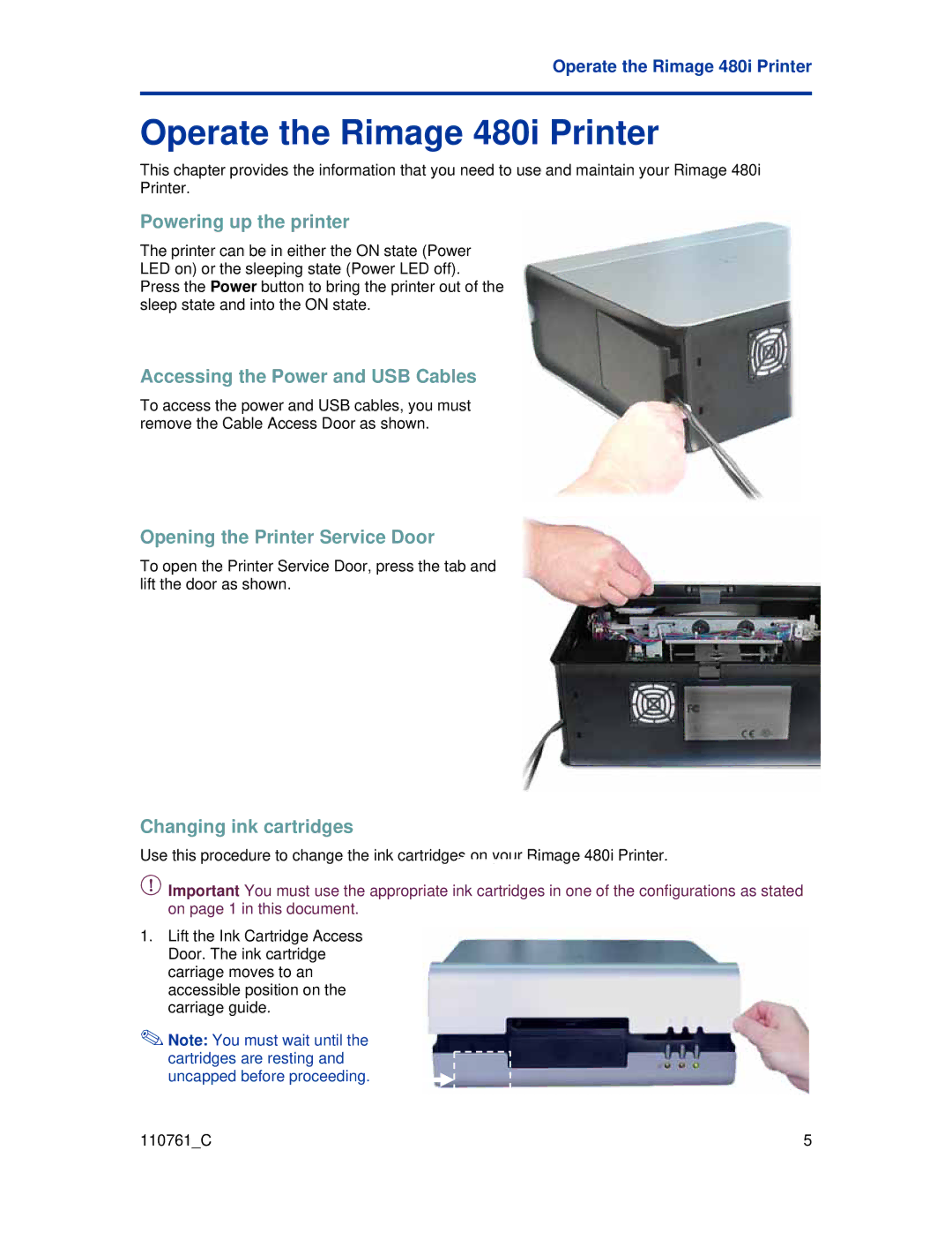 Rimage manual Operate the Rimage 480i Printer, Powering up the printer, Accessing the Power and USB Cables 