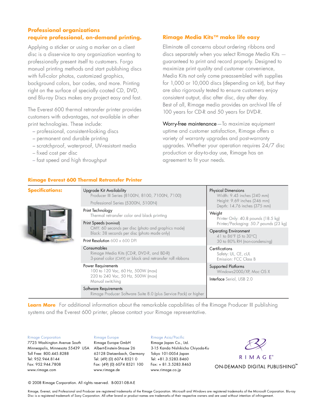 Rimage 600 manual Rimage Media Kits make life easy, Rimage Corporation Rimage Europe Rimage Asia/Pacific 