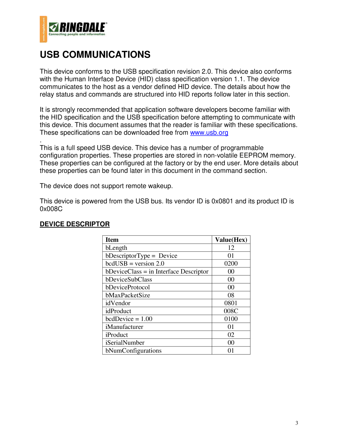 Ringdale 1543 manual Device Descriptor, ValueHex 