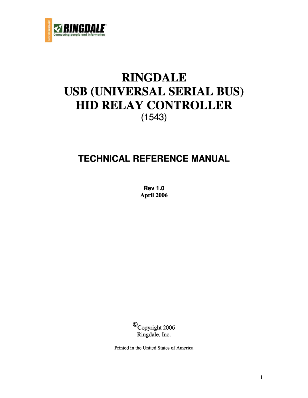 Ringdale 1543 manual April, Ringdale Usb Universal Serial Bus Hid Relay Controller, Technical Reference Manual 