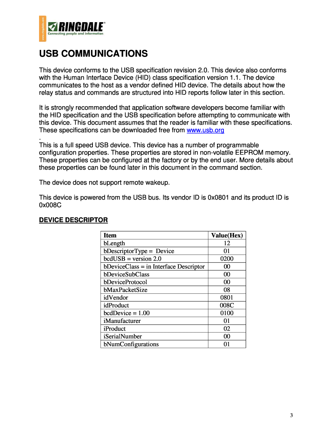 Ringdale 1543 manual Device Descriptor, ValueHex, Usb Communications 