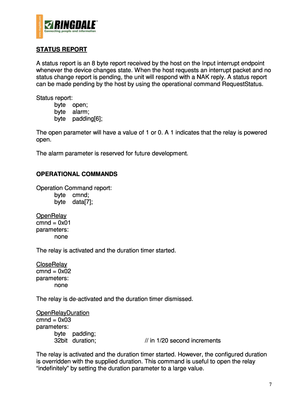 Ringdale 1543 manual Status Report, Operational Commands 