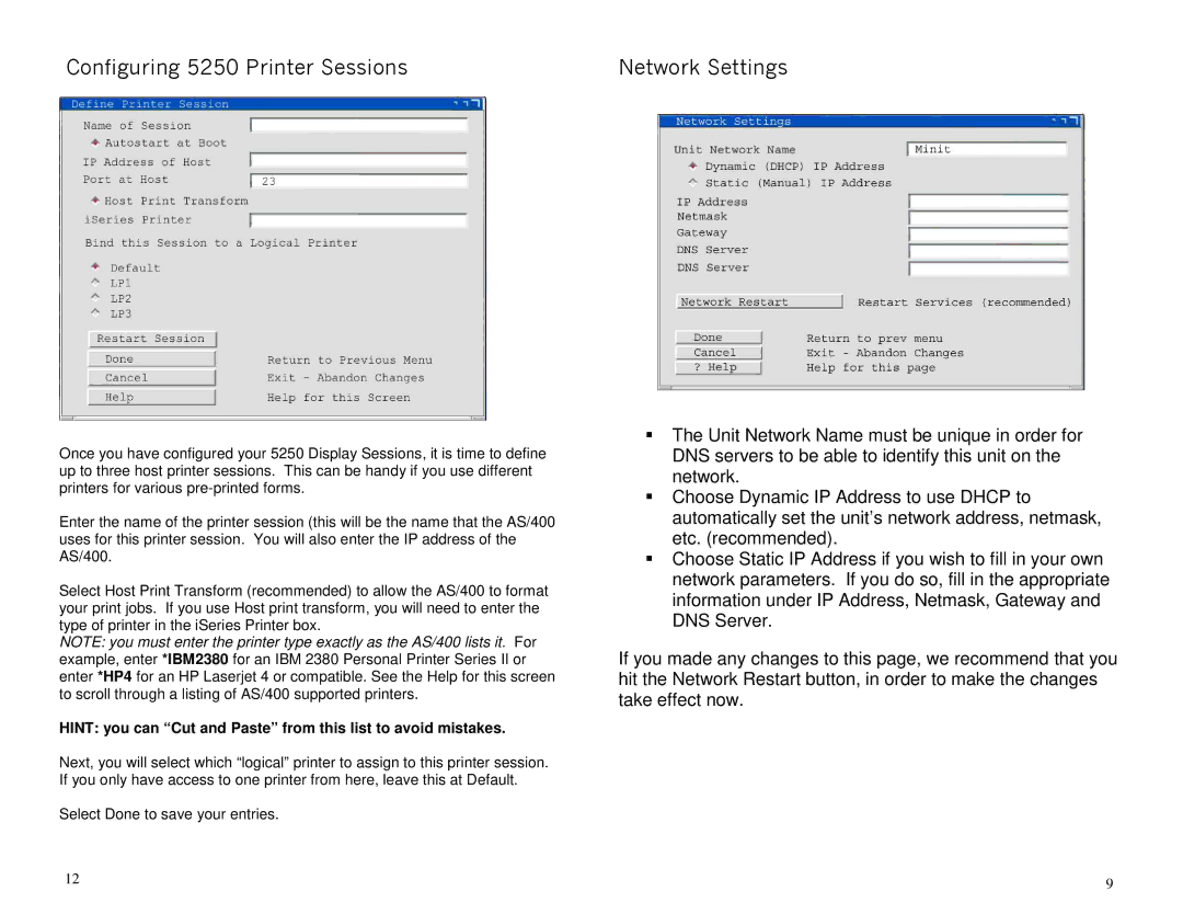 Ringdale 5250E manual Configuring 5250 Printer Sessions Network Settings 