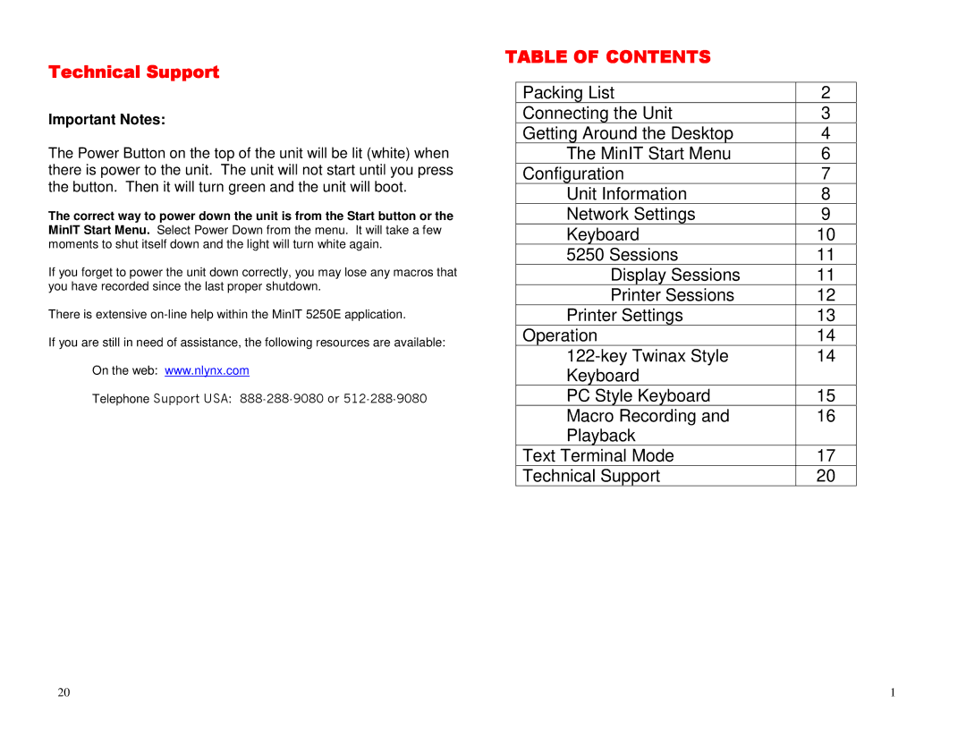 Ringdale 5250E manual Table of Contents 