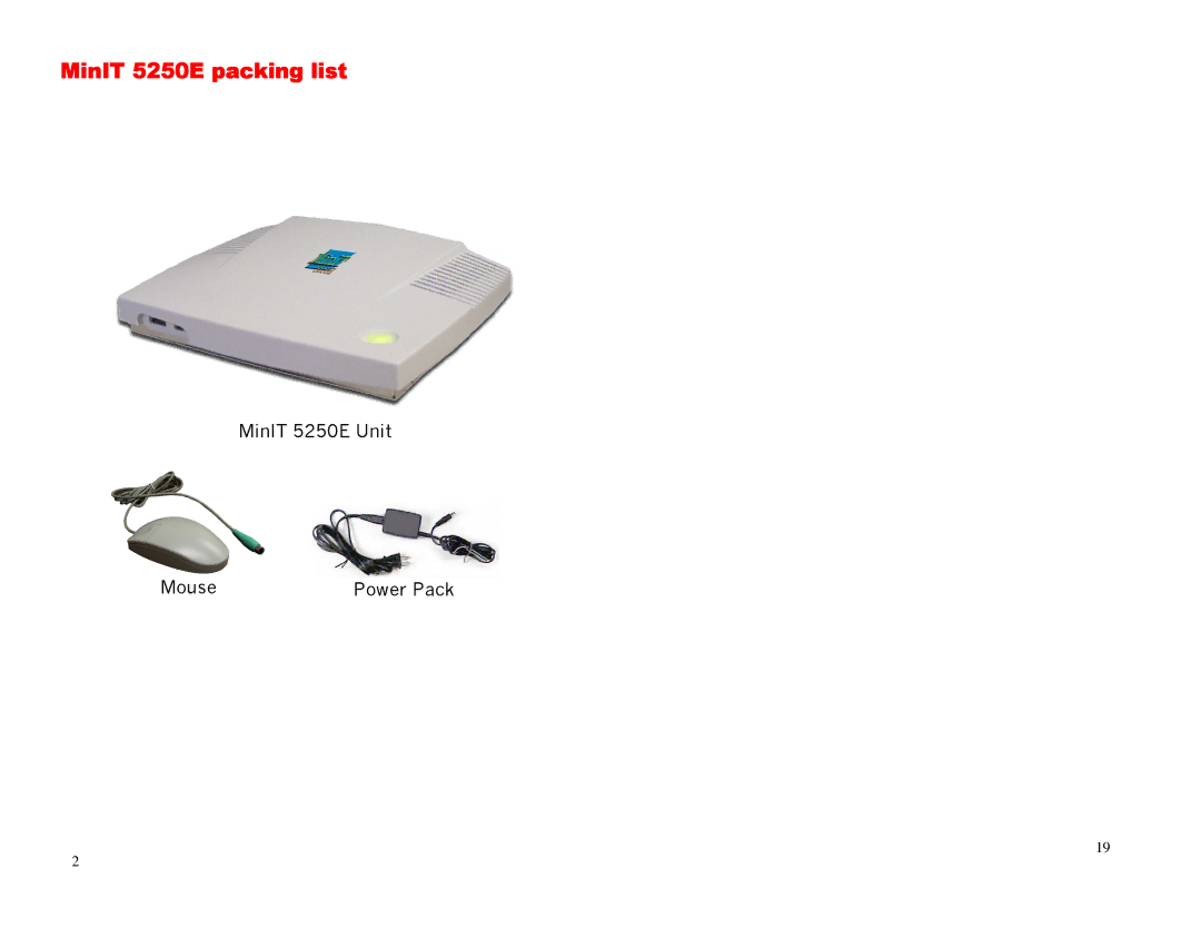 Ringdale manual MinIT 5250E packing list, MinIT 5250E Unit Mouse Power Pack 