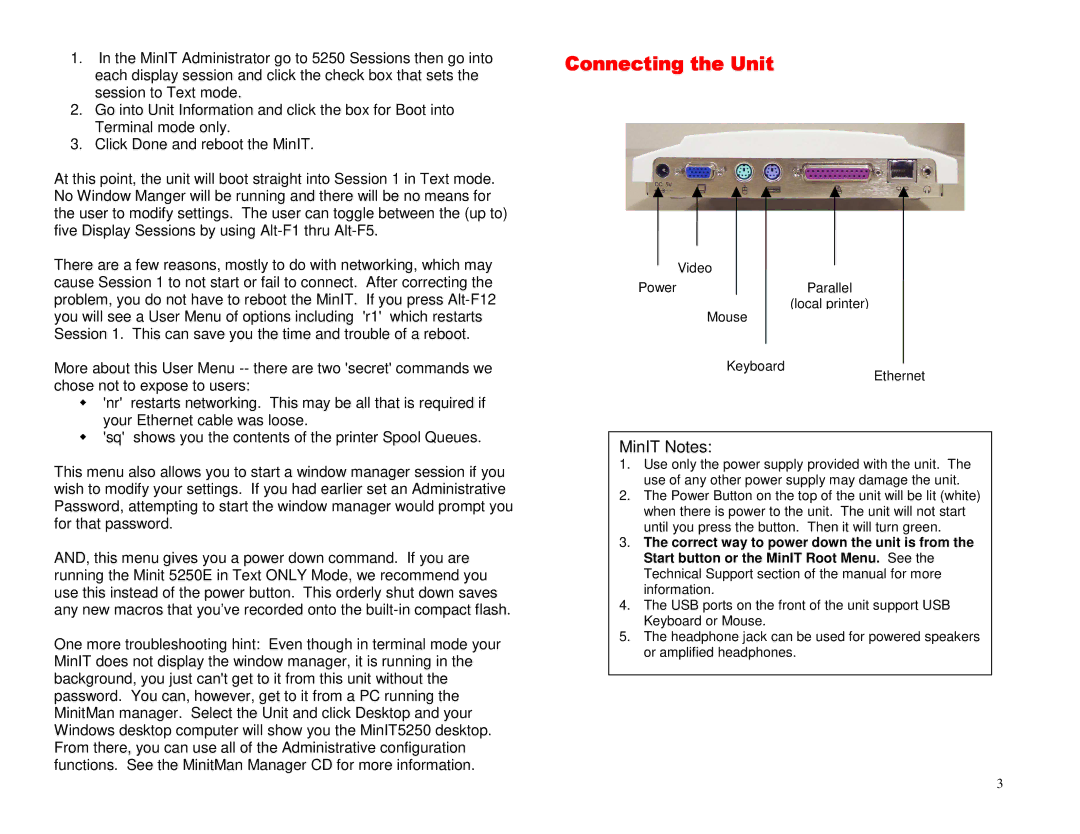 Ringdale 5250E manual Connecting the Unit, MinIT Notes 