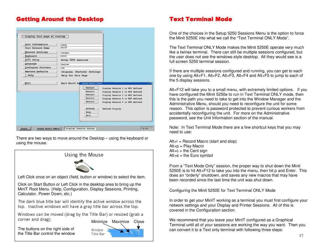 Ringdale 5250E manual Getting Around the Desktop, Text Terminal Mode, Using the Mouse 