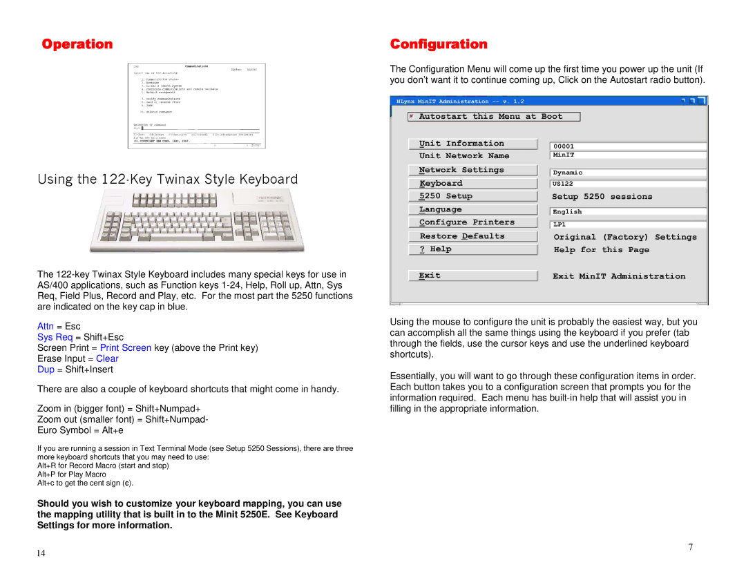 Ringdale 5250E manual Operation, Using the 122-Key Twinax Style Keyboard, Configuration 