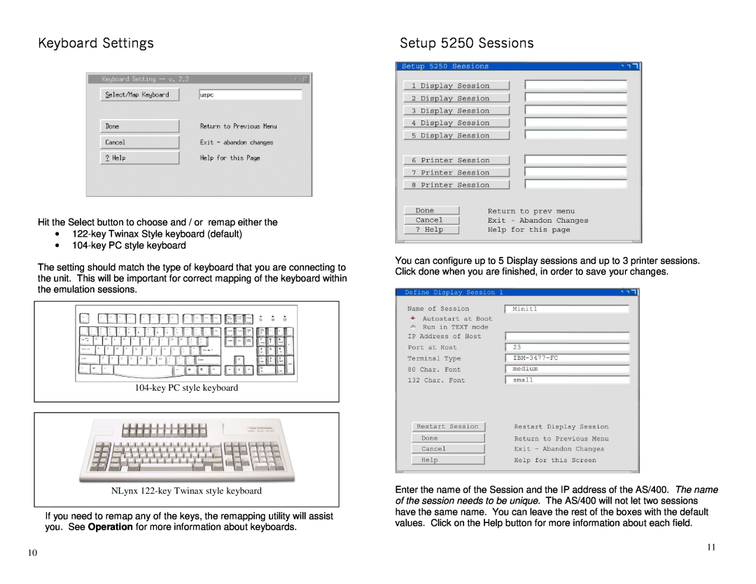 Ringdale 5250E manual Keyboard Settings, Setup 5250 Sessions, key PC style keyboard NLynx 122-key Twinax style keyboard 