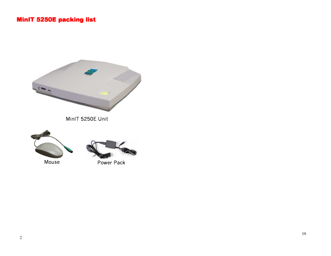 Ringdale manual MinIT 5250E packing list, MinIT 5250E Unit, Mouse, Power Pack 