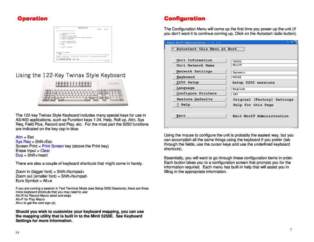 Ringdale 5250E manual Operation, Configuration, Using the 122-Key Twinax Style Keyboard, Attn = Esc 
