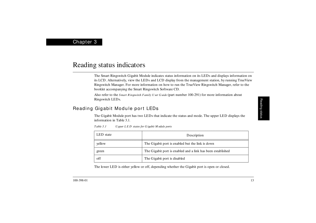 Ringdale manual Reading status indicators, Reading Gigabit Module port LEDs 