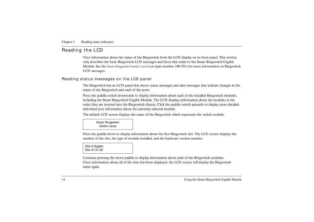 Ringdale Gigabit manual Reading the LCD, Reading status messages on the LCD panel 