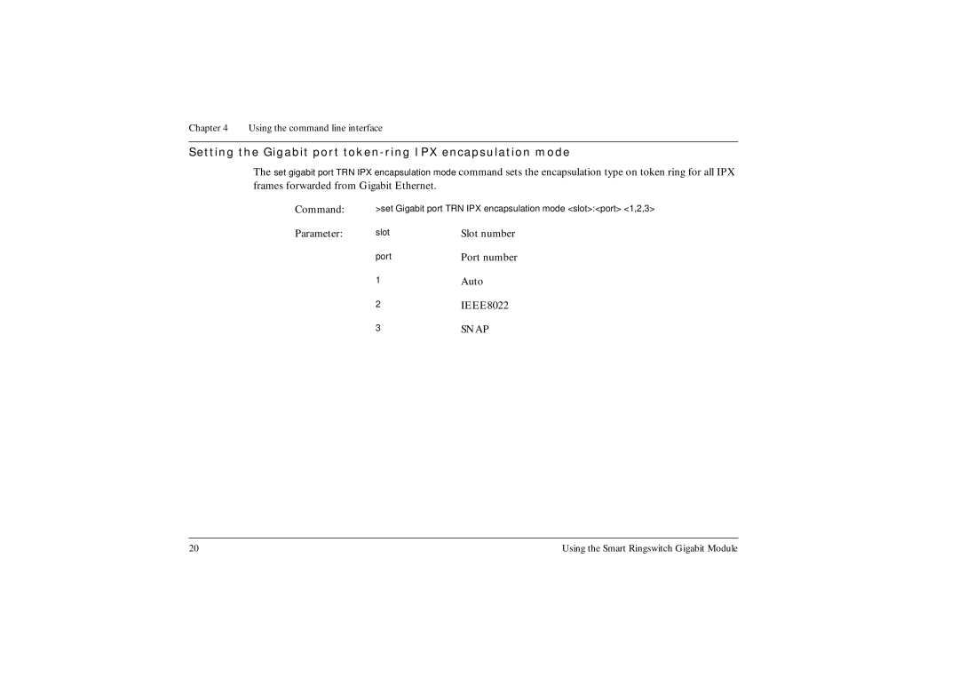 Ringdale manual Setting the Gigabit port token-ring IPX encapsulation mode 