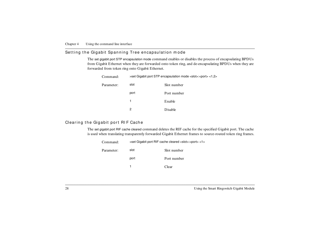 Ringdale manual Setting the Gigabit Spanning Tree encapsulation mode, Clearing the Gigabit port RIF Cache 