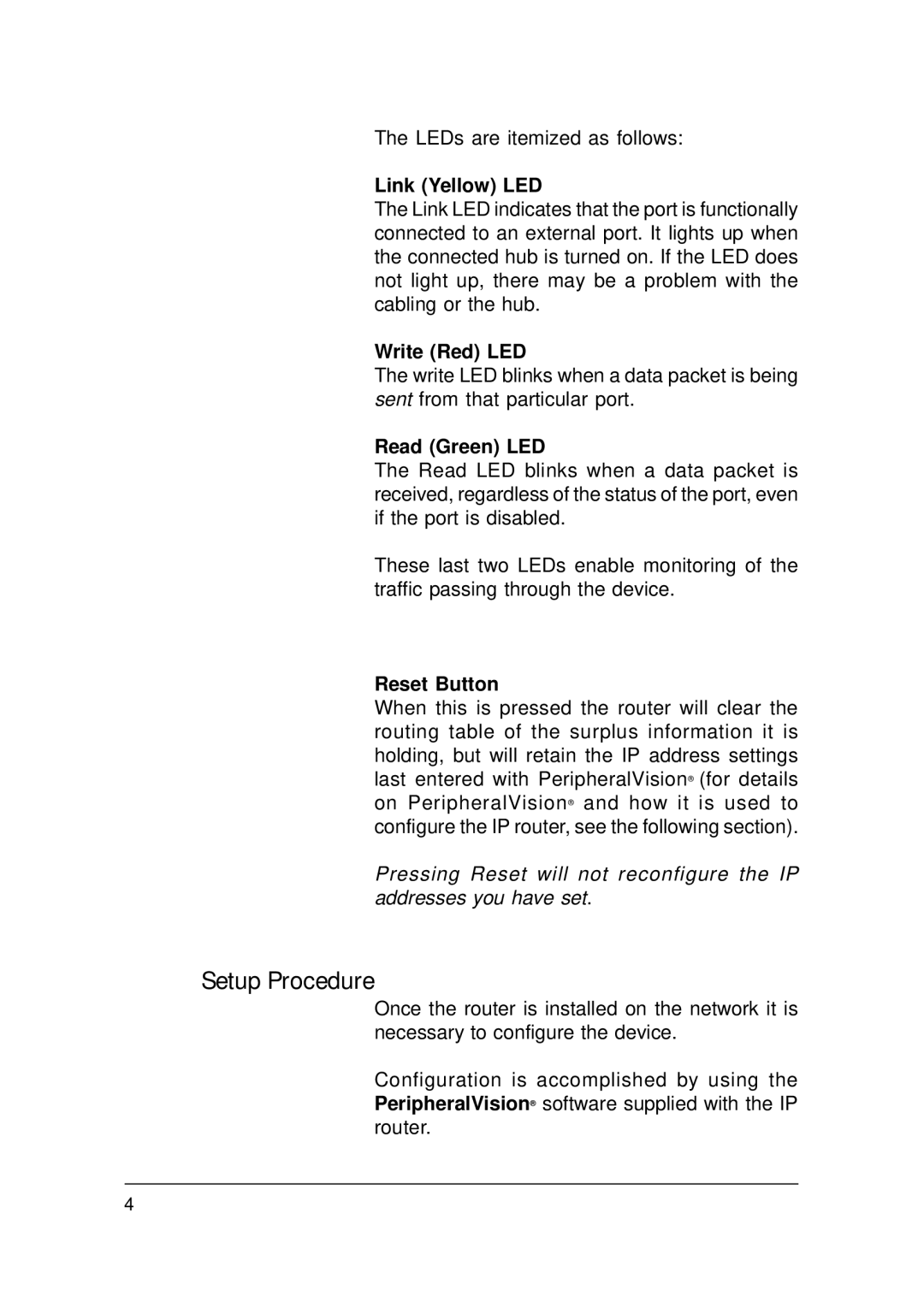 Ringdale IP Router manual Setup Procedure, Link Yellow LED, Write Red LED, Read Green LED, Reset Button 