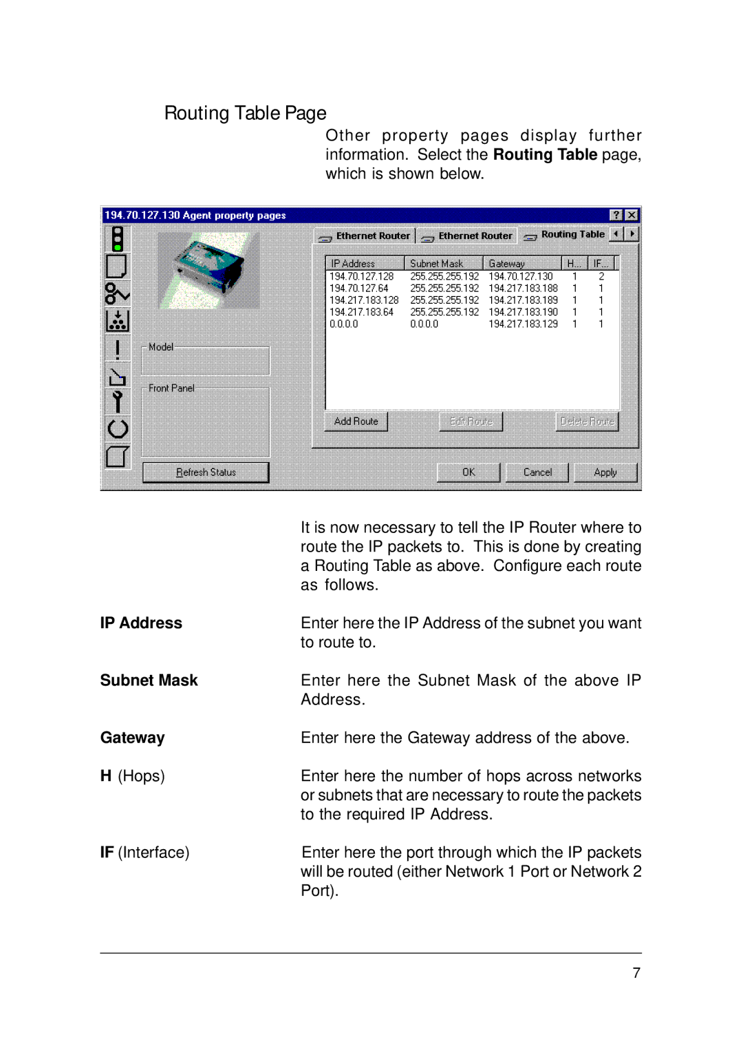 Ringdale IP Router manual Routing Table, Subnet Mask, Gateway 