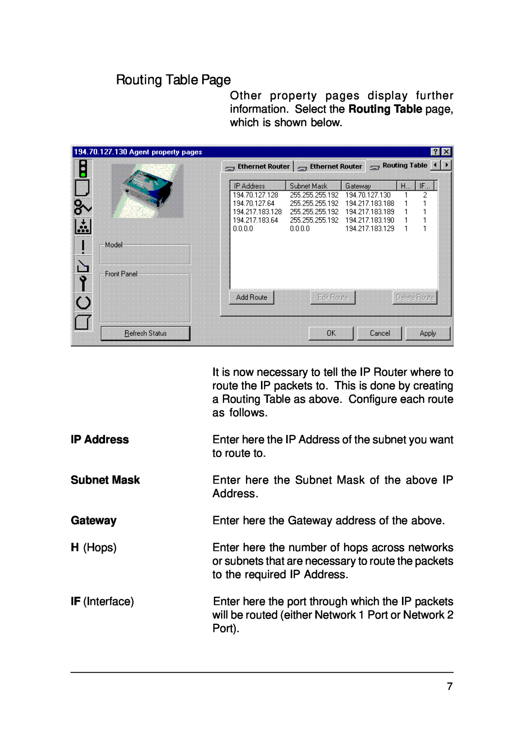 Ringdale IP Router manual Routing Table Page, Subnet Mask, Gateway, IP Address 