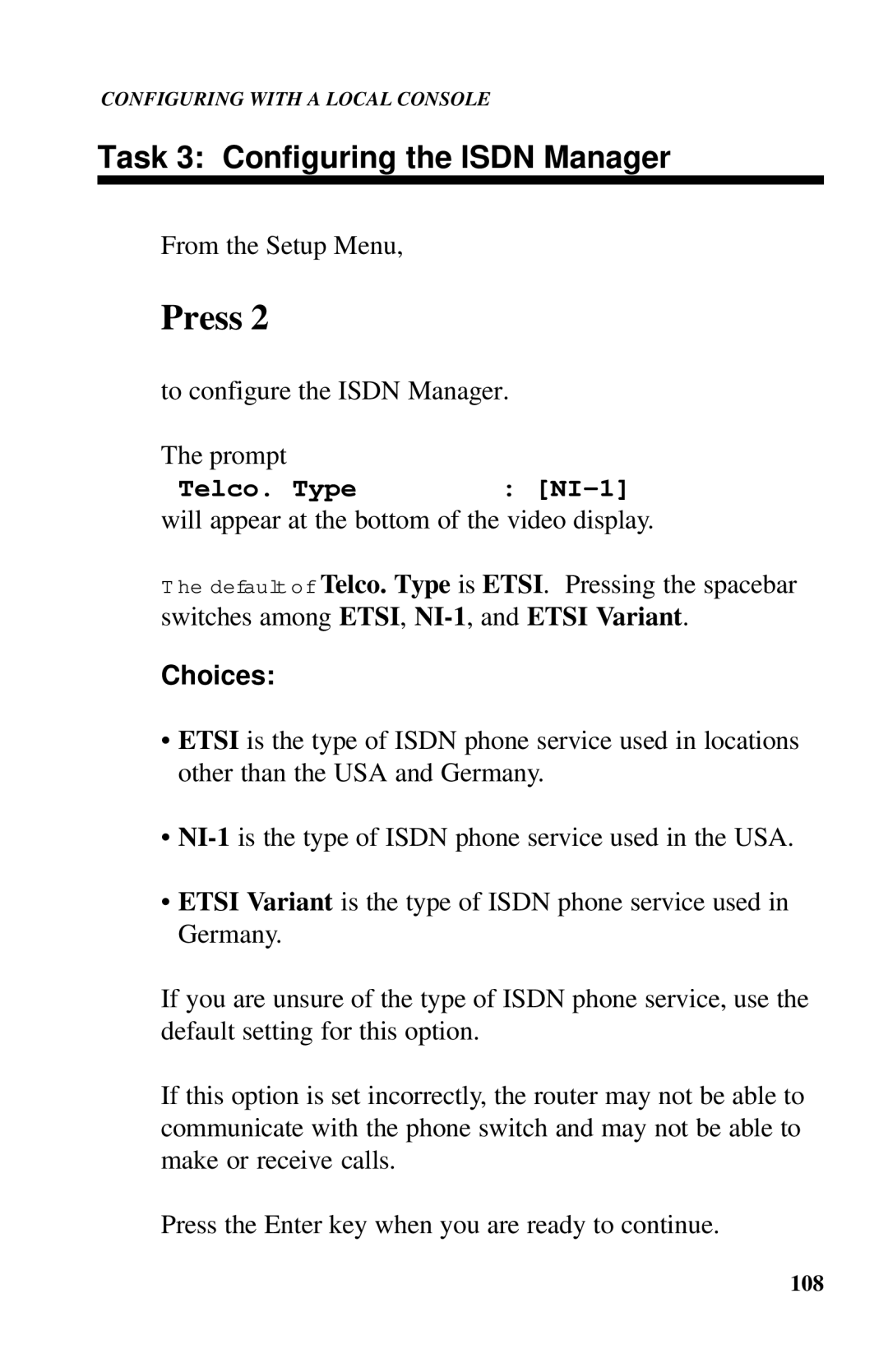 Ringdale ISDN user manual Task 3 Configuring the Isdn Manager, Telco. Type 