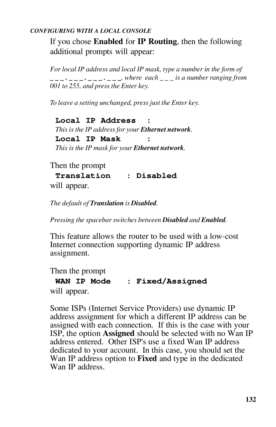 Ringdale ISDN user manual Local IP Address, Local IP Mask, Translation Disabled, WAN IP Mode 