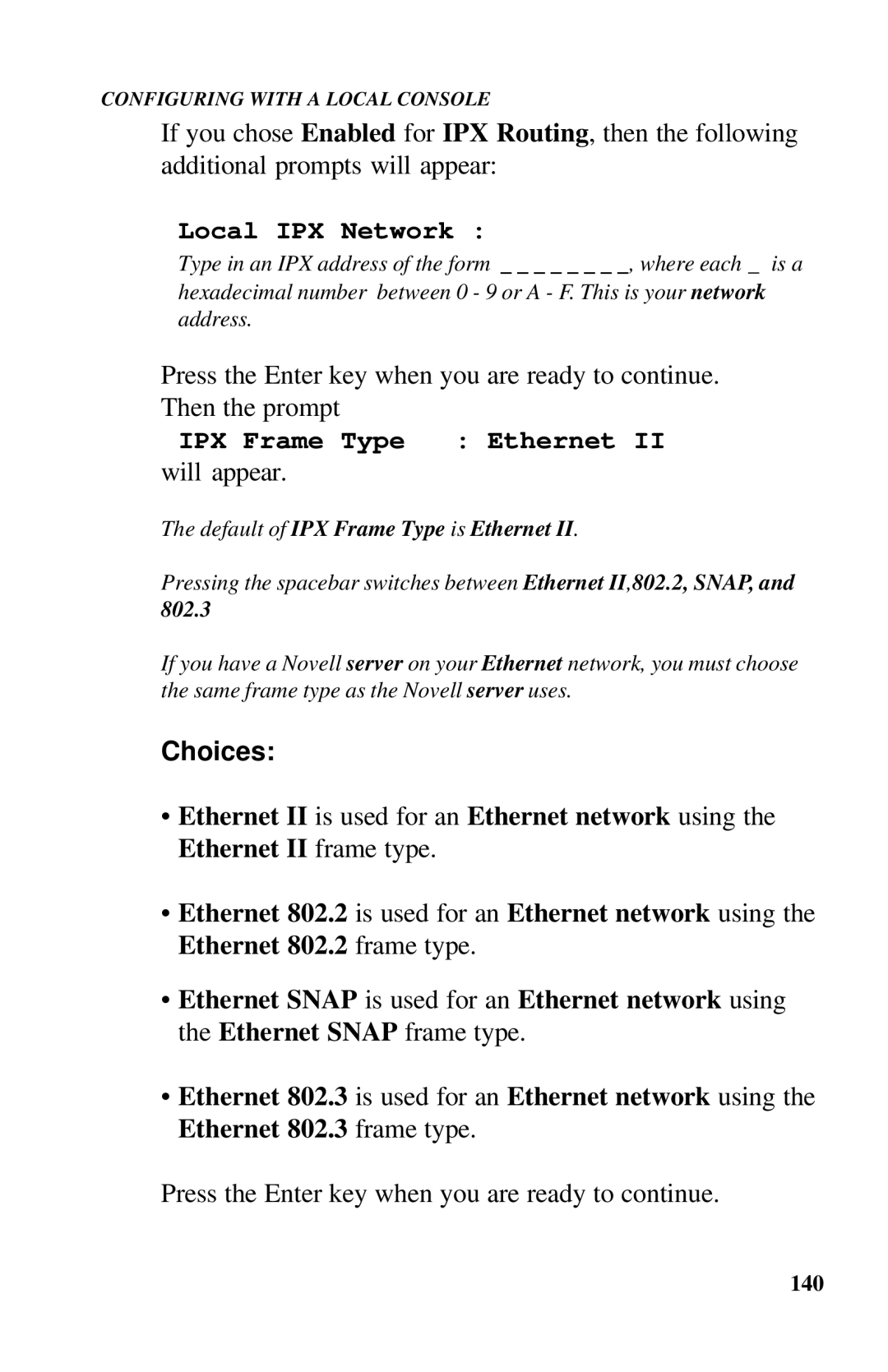 Ringdale ISDN user manual Local IPX Network, IPX Frame Type Ethernet 