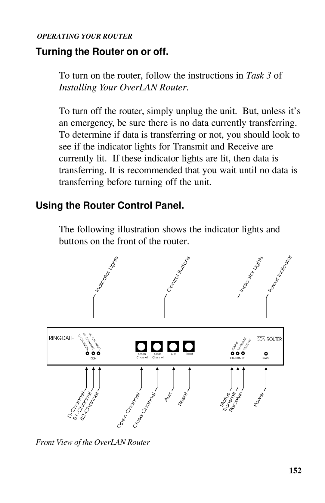 Ringdale ISDN user manual Turning the Router on or off, Using the Router Control Panel 