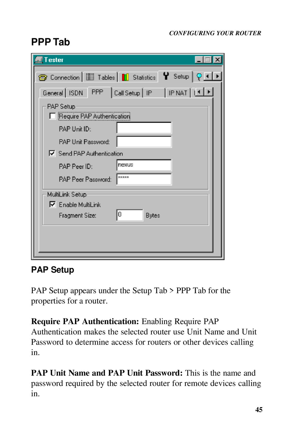 Ringdale ISDN user manual PPP Tab, PAP Setup 