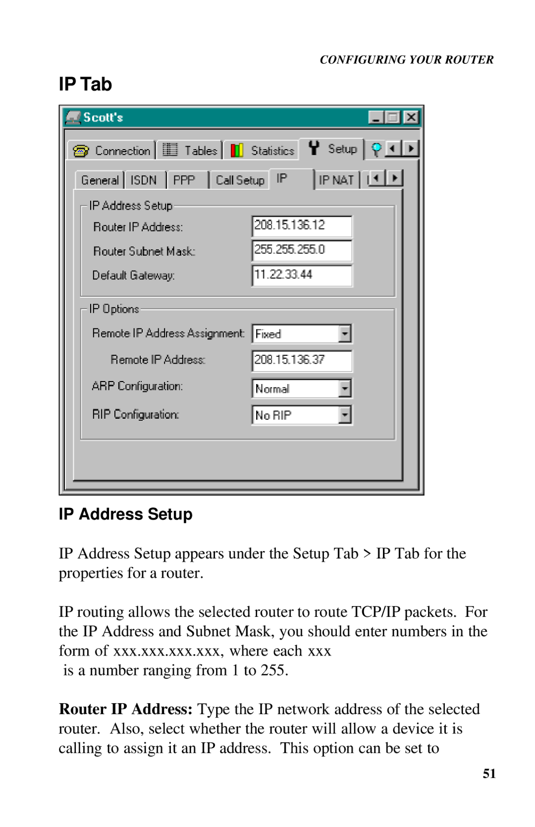 Ringdale ISDN user manual IP Tab, IP Address Setup 