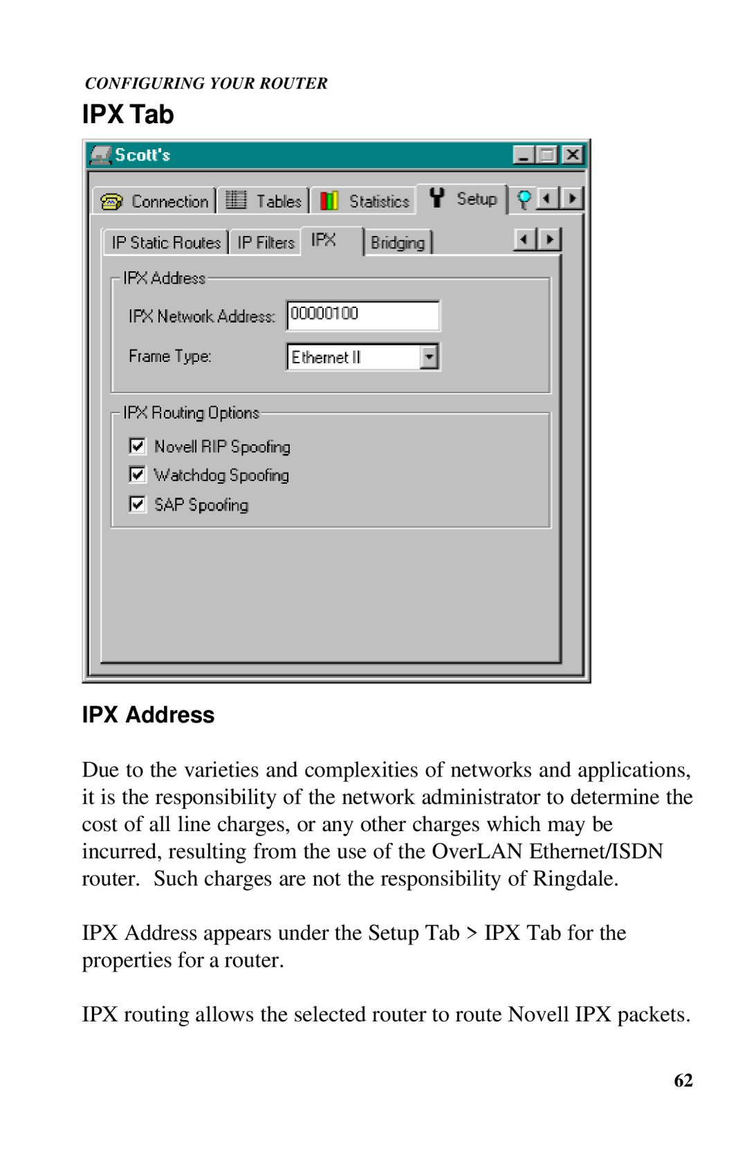 Ringdale ISDN user manual IPX Tab, IPX Address 