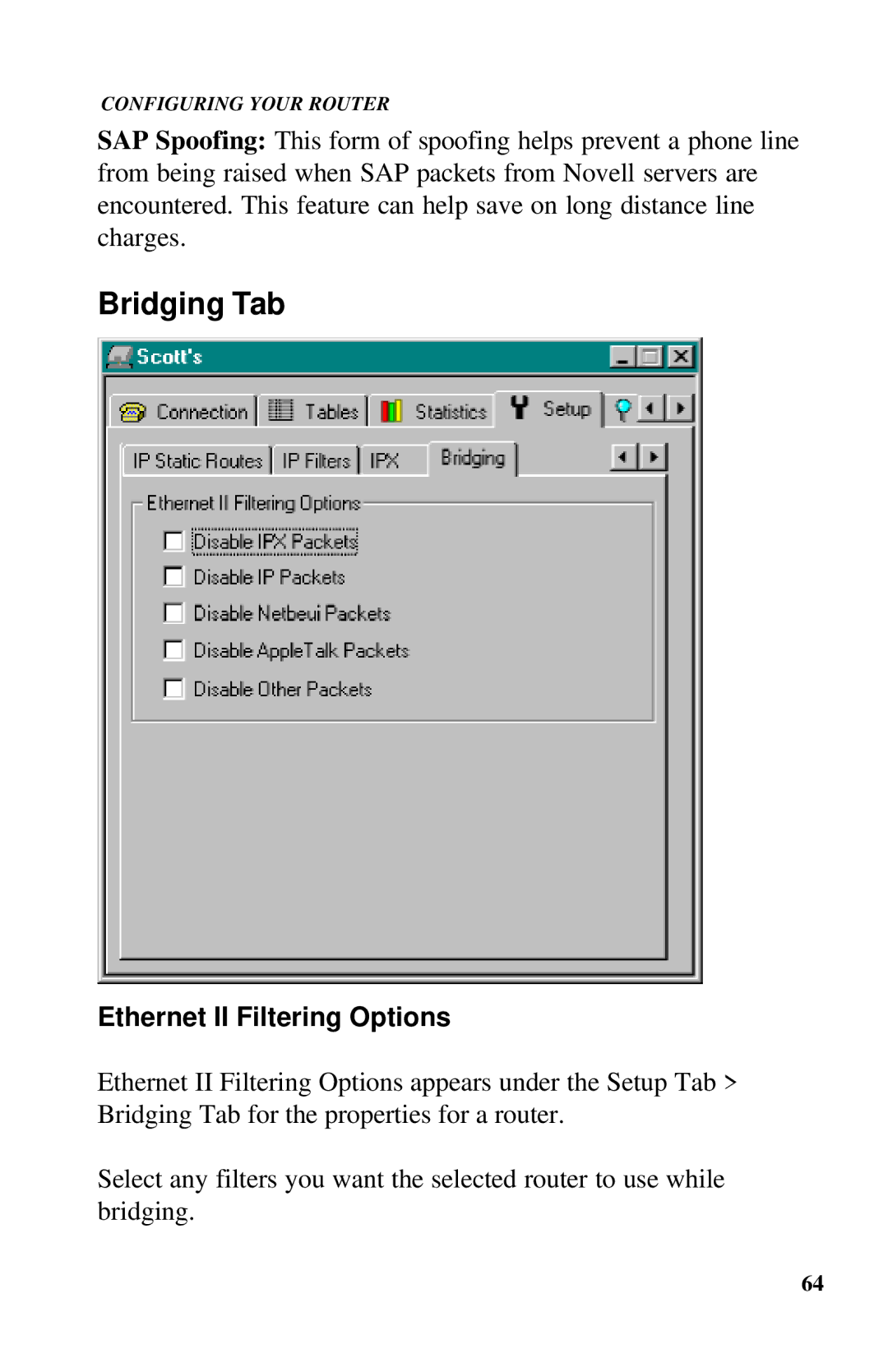 Ringdale ISDN user manual Bridging Tab, Ethernet II Filtering Options 