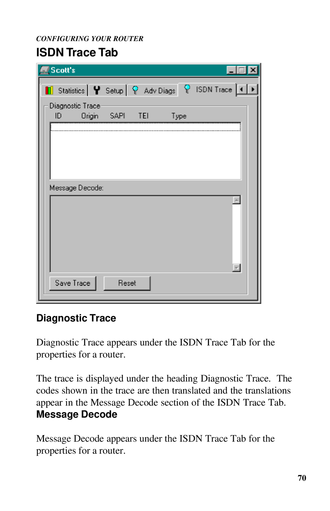 Ringdale ISDN user manual Isdn Trace Tab, Diagnostic Trace, Message Decode 