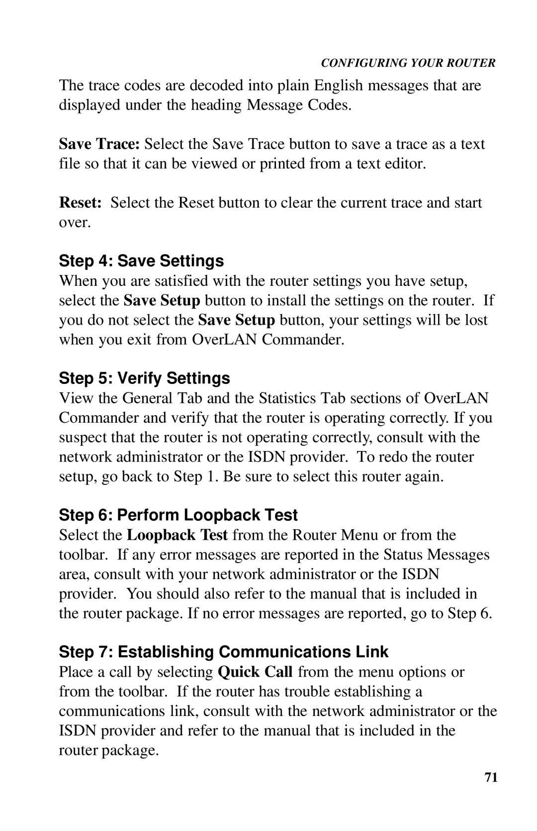 Ringdale ISDN user manual Save Settings, Verify Settings, Perform Loopback Test, Establishing Communications Link 