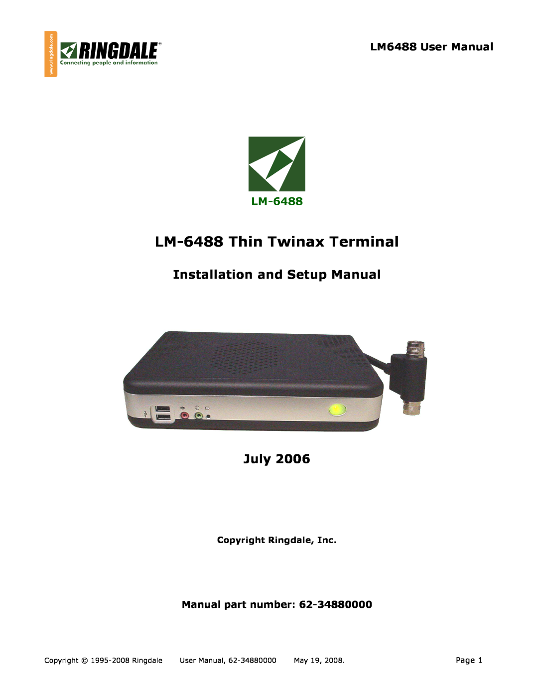 Ringdale user manual LM-6488 Thin Twinax Terminal, Installation and Setup Manual July, QuickLM-6488-ID, Page, May 19 