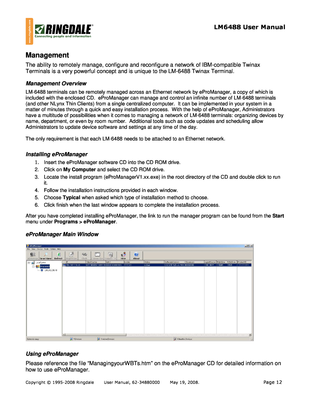 Ringdale LM-6488 user manual Management Overview, Installing eProManager, eProManager Main Window Using eProManager 