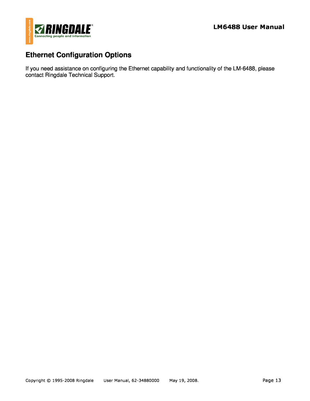 Ringdale LM-6488 user manual Ethernet Configuration Options, LM6488 User Manual, Page, Copyright 1995-2008 Ringdale, May 19 