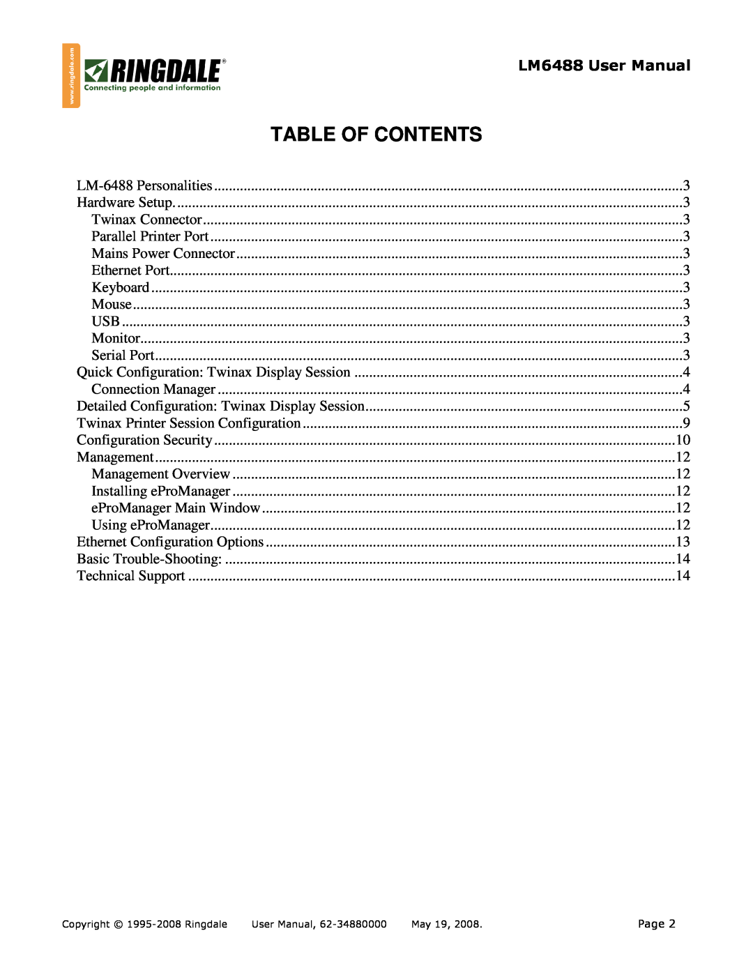 Ringdale LM-6488 Table Of Contents, LM6488 User Manual, Page, Detailed Configuration Twinax Display Session, May 19 