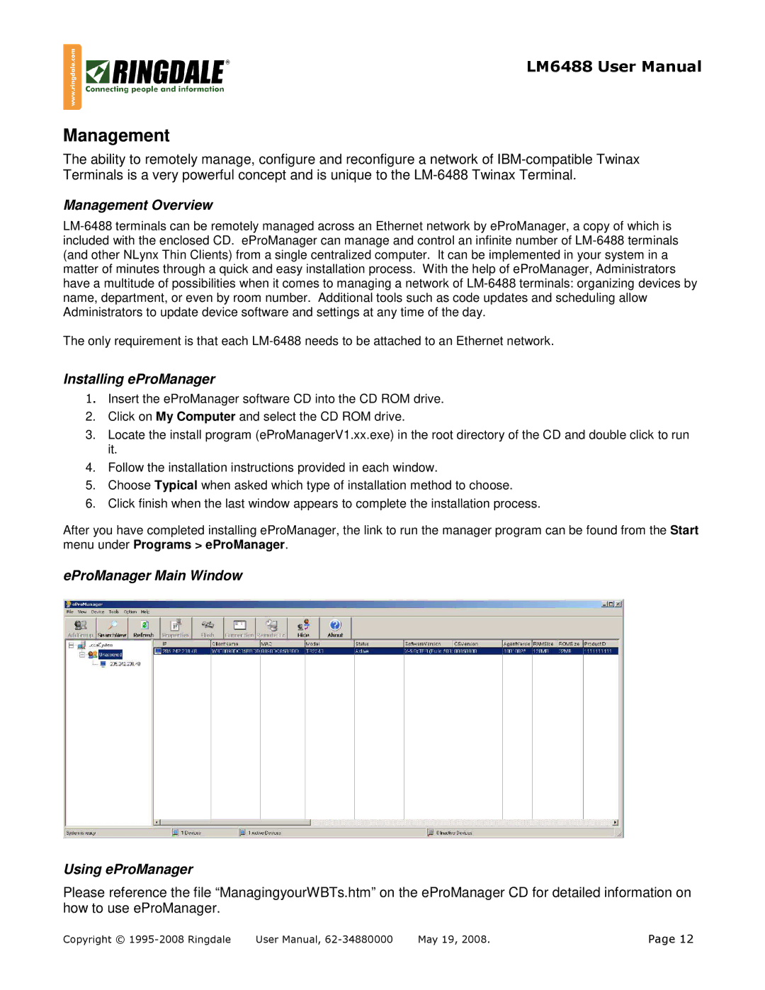 Ringdale LM-6488 user manual Management Overview, Installing eProManager, EProManager Main Window Using eProManager 