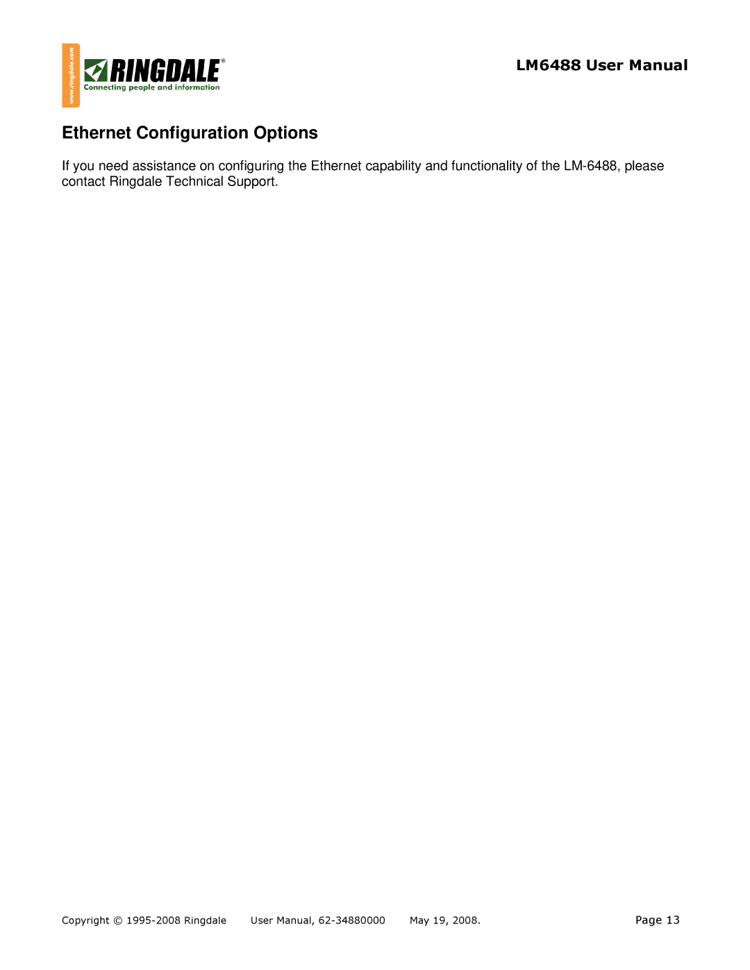 Ringdale LM-6488 user manual Ethernet Configuration Options 