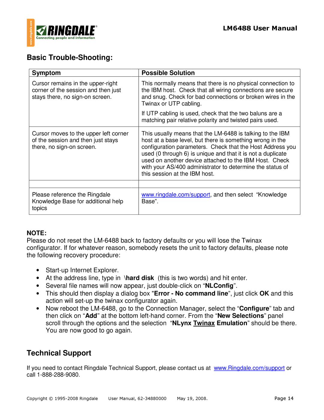 Ringdale LM-6488 user manual Basic Trouble-Shooting, Technical Support 