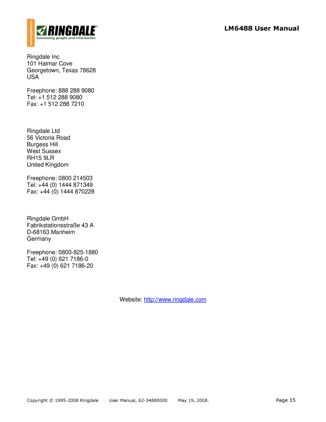 Ringdale LM-6488 user manual Usa 