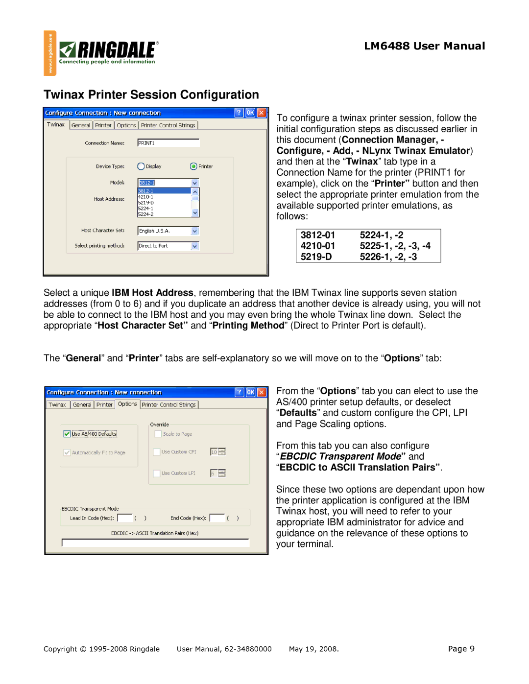 Ringdale LM-6488 user manual Twinax Printer Session Configuration, 3812-01 5224-1 4210-01 5225-1, -2, -3 5219-D 5226-1, -2 