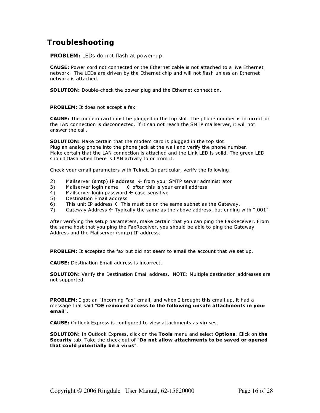 Ringdale MFR-200 user manual Troubleshooting, Problem LEDs do not flash at power-up 