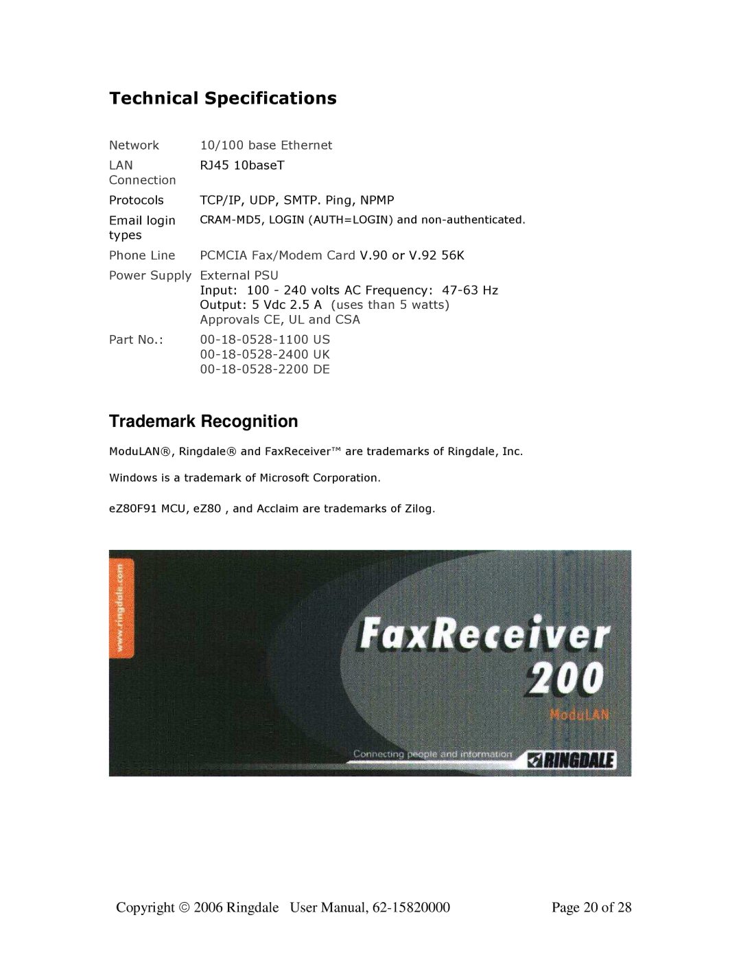 Ringdale MFR-200 user manual Technical Specifications, Lan 