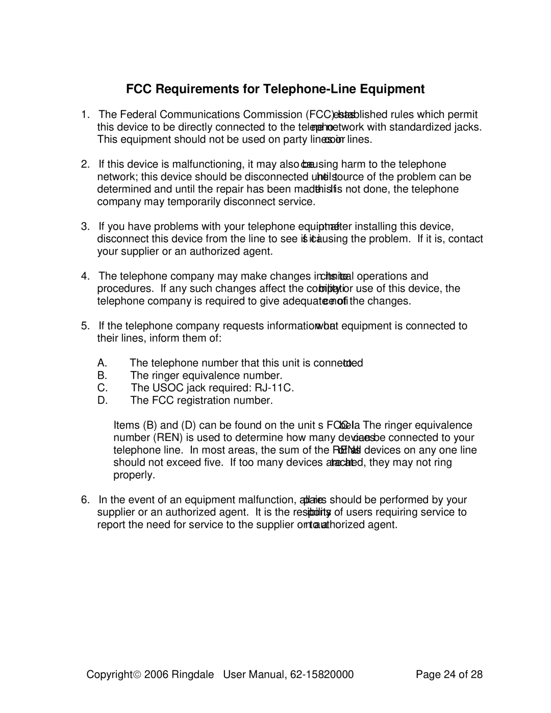 Ringdale MFR-200 user manual FCC Requirements for Telephone-Line Equipment 