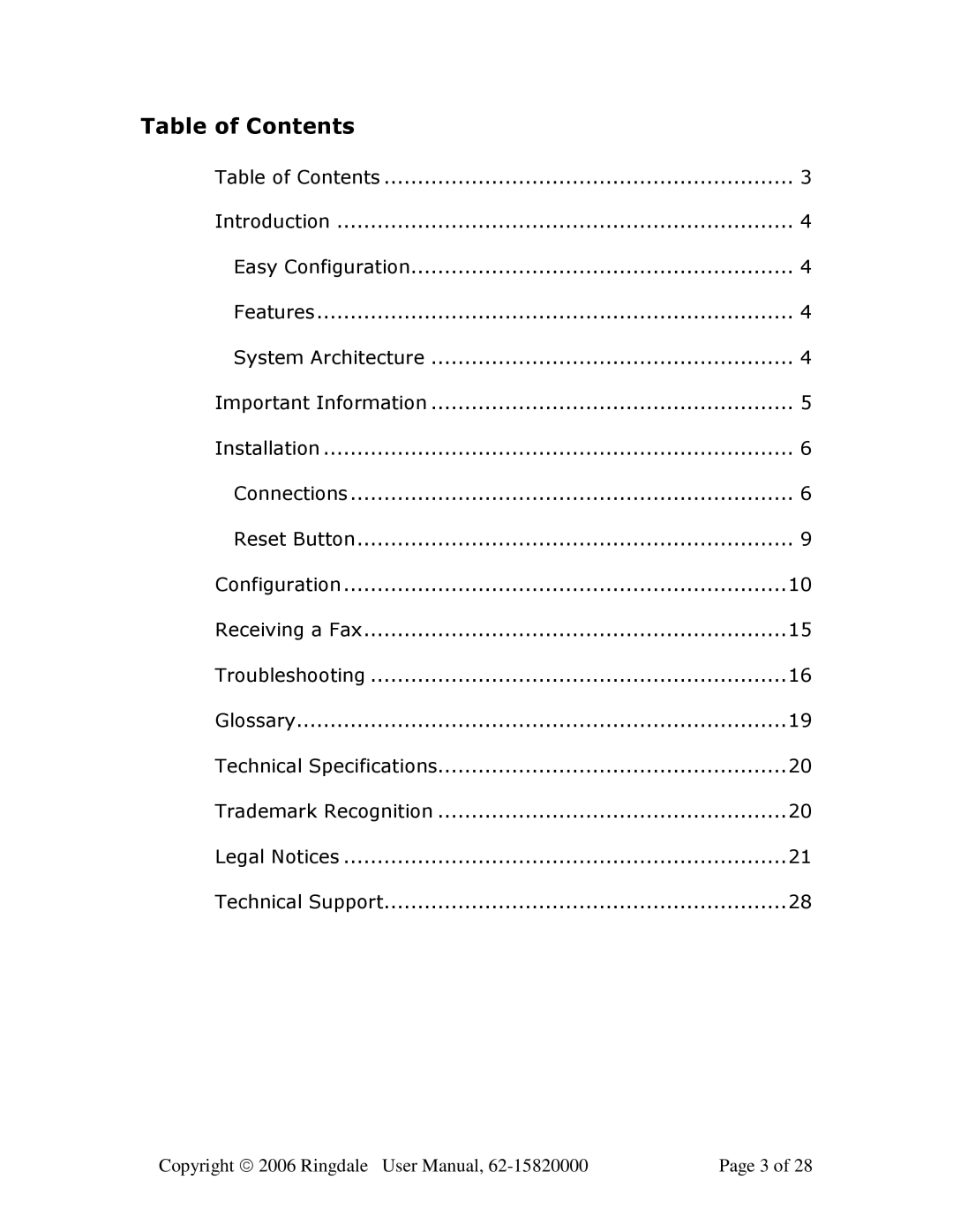 Ringdale MFR-200 user manual Table of Contents 