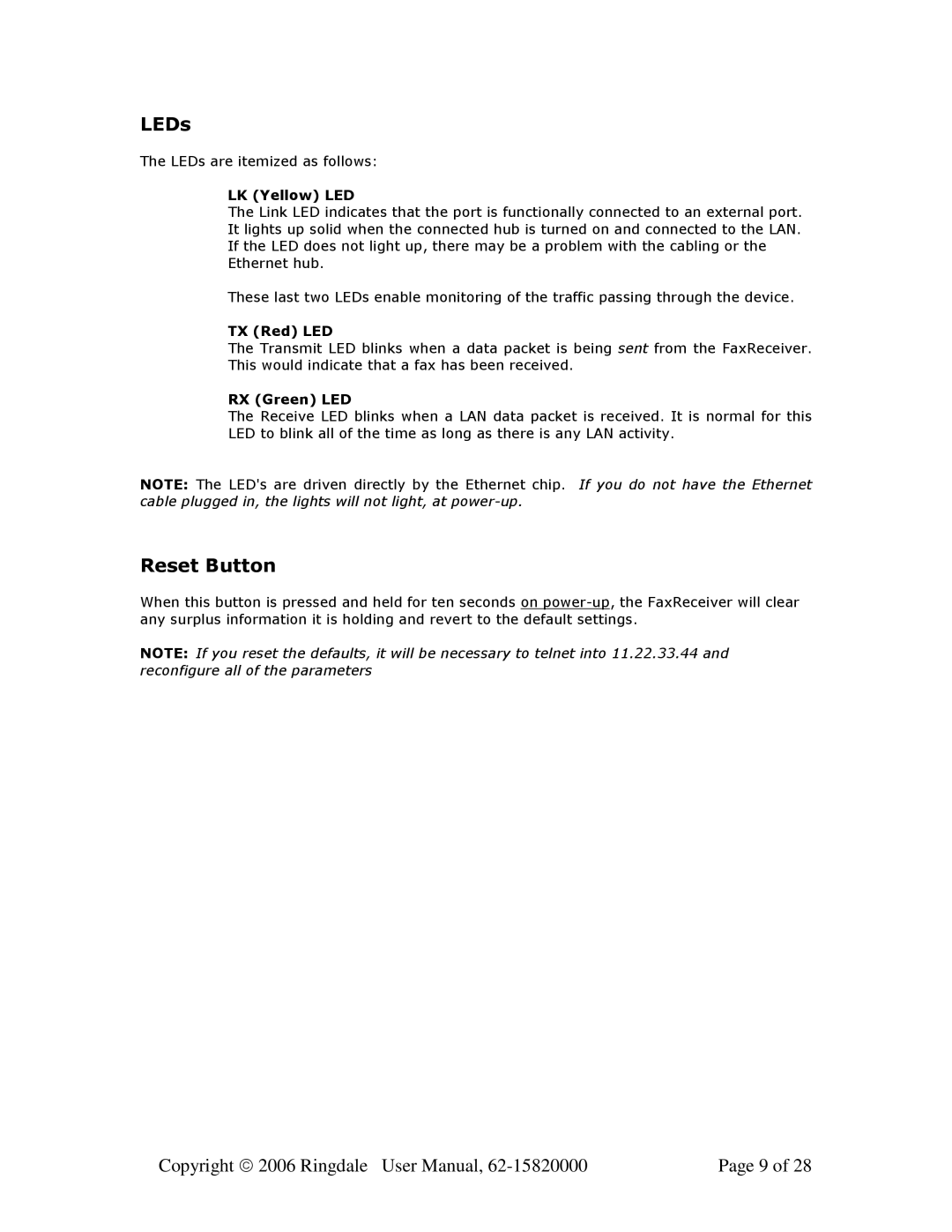 Ringdale MFR-200 user manual LEDs 