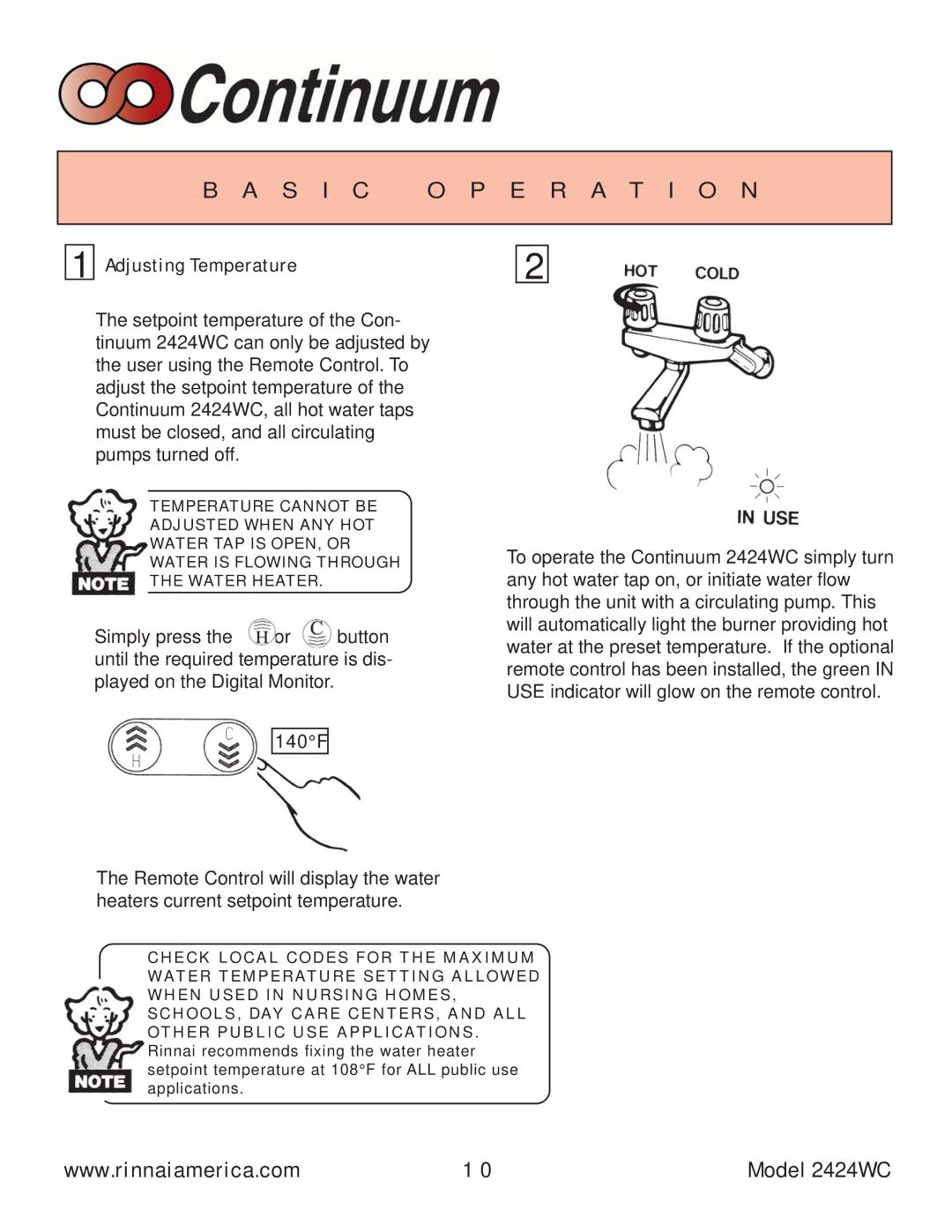 Rinnai 2424WC manual S I C O P E R a T I O N, Adjusting Temperature 