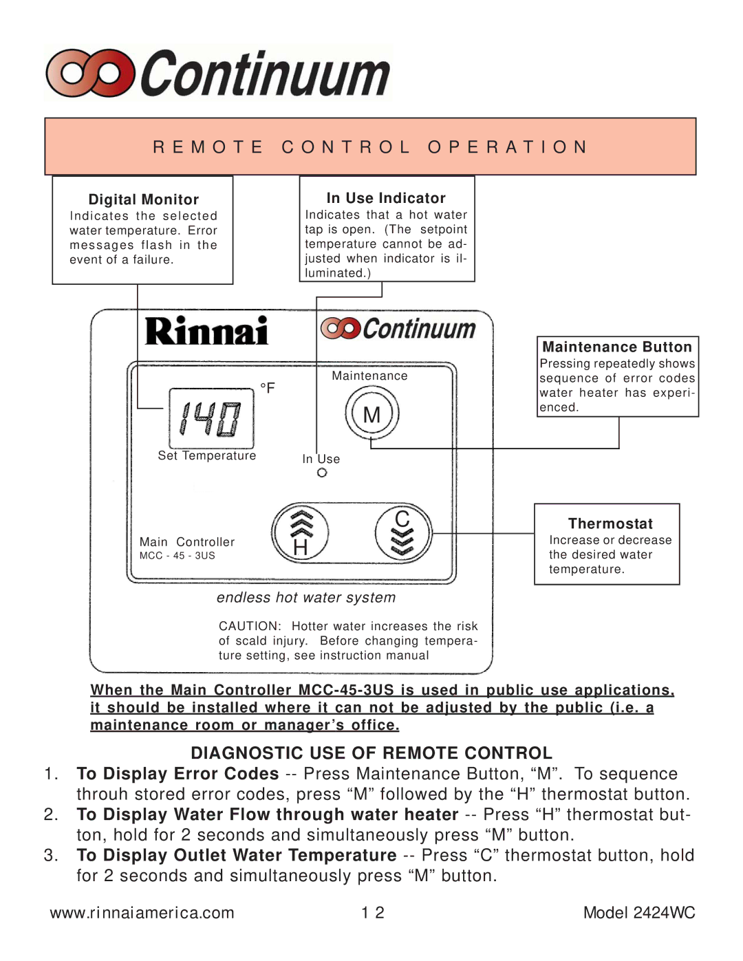 Rinnai 2424WC manual M O T E C O N T R O L O P E R a T I O N, Digital Monitor 