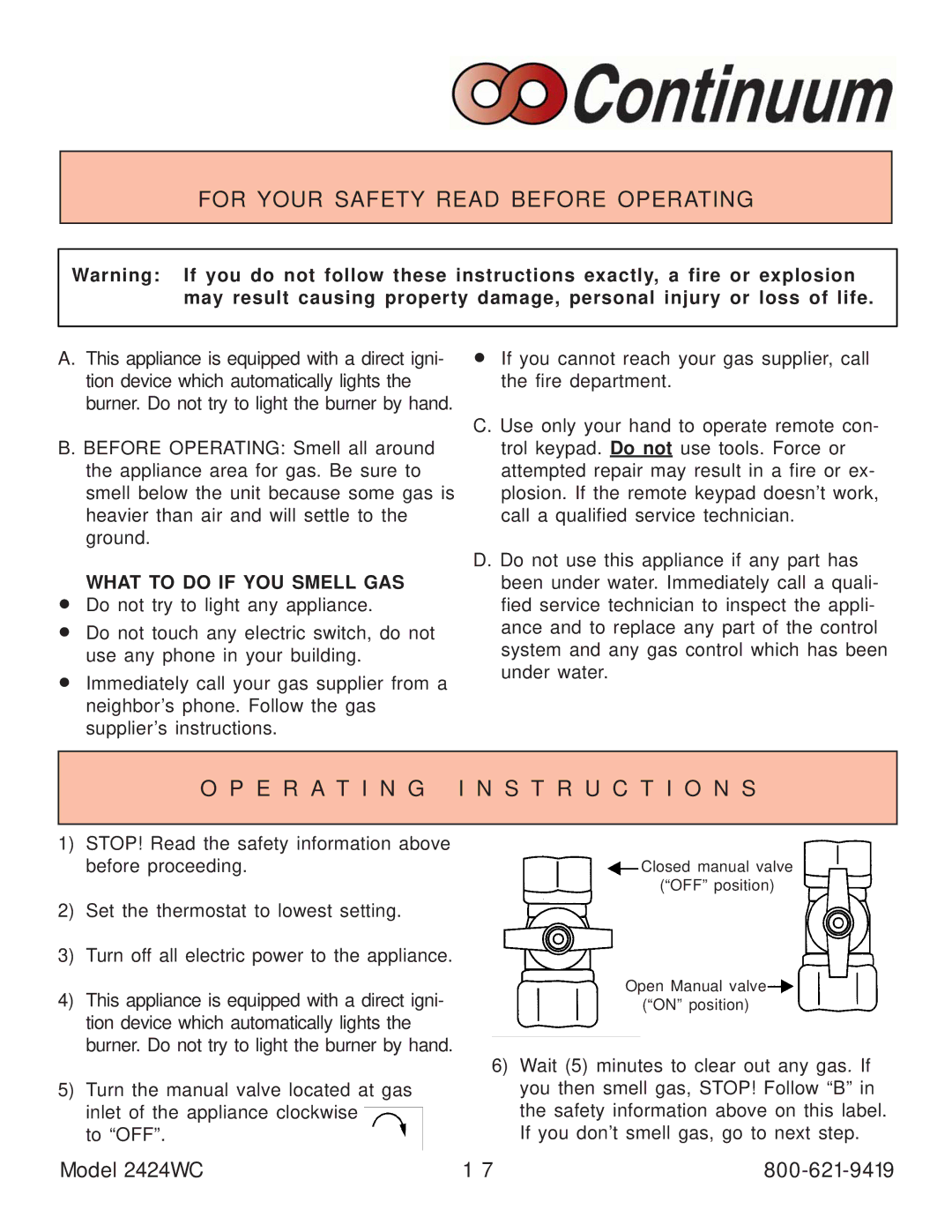 Rinnai 2424WC manual For Your Safety Read Before Operating, E R a T I N G I N S T R U C T I O N S 