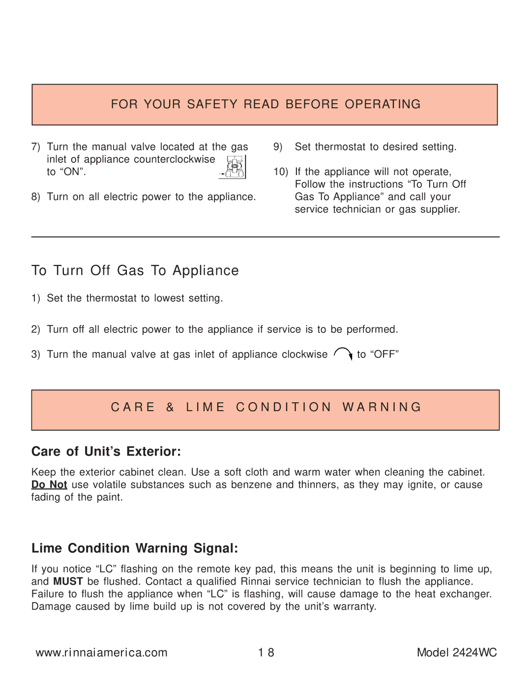 Rinnai 2424WC manual To Turn Off Gas To Appliance 